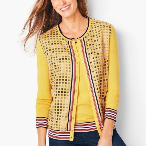 Talbots Charming Geo Print Cardigan Sweater Medium Button Front Preppy Academia - Picture 1 of 13